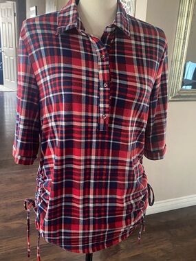 Women’s Plaid Button-Neck Tunic with Side Drawstrings - Red/Navy